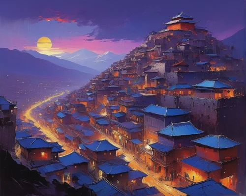 mountain village,bukchon,mountain settlement,kathmandu,ancient city,tibet,korean village snow,chinese architecture,yunnan,lhasa,nepal,yuanyang,terraced,guizhou,khlui,asian architecture,chinese art,huashan,alpine village,escher village,Conceptual Art,Sci-Fi,Sci-Fi 22