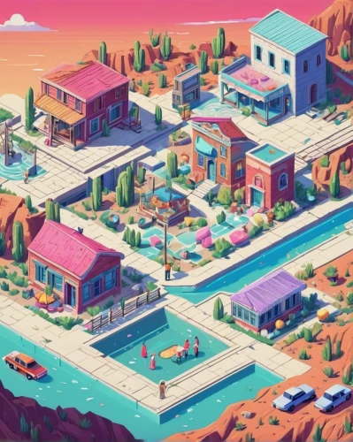 resort town,aurora village,suburbs,albuquerque,suburban,suburb,pueblo,moc chau hill,bogart village,neighborhood,colorful city,seaside resort,desert,real-estate,oasis,arizona,villages,airbnb icon,sedona,factories,Unique,3D,Isometric