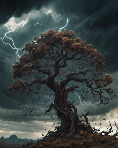 isolated tree,nature's wrath,thunderstorm,tree of life,magic tree,lightning storm,celtic tree,uprooted,tree thoughtless,lone tree,thundercloud,dragon tree,oak tree,tree and roots,the branches of the tree,gnarled,world digital painting,the roots of trees,old tree,broken tree,Conceptual Art,Fantasy,Fantasy 26
