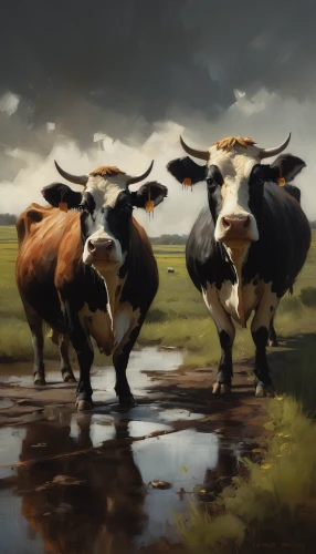 horned cows,oxen,cows,two cows,cows on pasture,holstein cattle,heifers,happy cows,mountain cows,milk cows,livestock,cattle,cattle crossing,dairy cows,galloway cows,cow herd,galloway cattle,simmental cattle,young cattle,ears of cows,Conceptual Art,Oil color,Oil Color 11