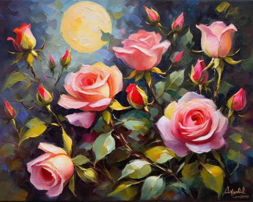 oil painting on canvas,noble roses,colorful roses,blooming roses,flower painting,oil painting,bibernell rose,garden roses,sun roses,carol colman,spray roses,bright rose,esperance roses,wild roses,carol m highsmith,roses-fruit,landscape rose,pink roses,blue moon rose,rose bush,Conceptual Art,Oil color,Oil Color 22