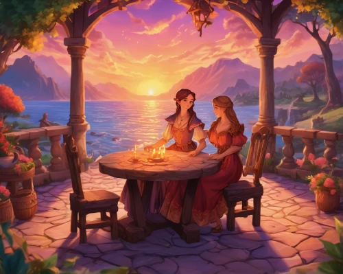 romantic dinner,romantic scene,campfire,romantic night,dinner for two,serenade,summer evening,romantic meeting,game illustration,fireside,fantasy picture,cg artwork,idyll,rapunzel,firepit,fire background,candle light dinner,romantic portrait,a fairy tale,dusk background,Conceptual Art,Fantasy,Fantasy 31