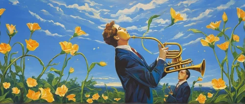 trumpet flowers,trumpet climber,gold trumpet,trumpet player,man with saxophone,the trumpet daffodil,trumpet gold,trumpet of jericho,saxhorn,local trumpet,trumpet,trumpet-trumpet,trumpets,saxophone playing man,angel trumpets,climbing trumpet,trumpet creepers,trumpet pitchers,harp with flowers,trombone player,Conceptual Art,Oil color,Oil Color 19