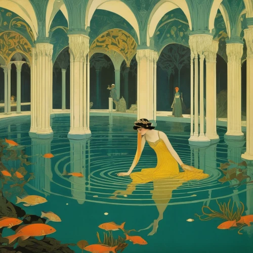 thermal bath,lilly pond,under the water,submerged,water nymph,art deco woman,water palace,narcissus,alcazar of seville,woman at the well,mermaid vectors,swimming pool,thermal spring,swim,underwater oasis,underwater background,merfolk,art deco,water lotus,lily pond,Illustration,Retro,Retro 15