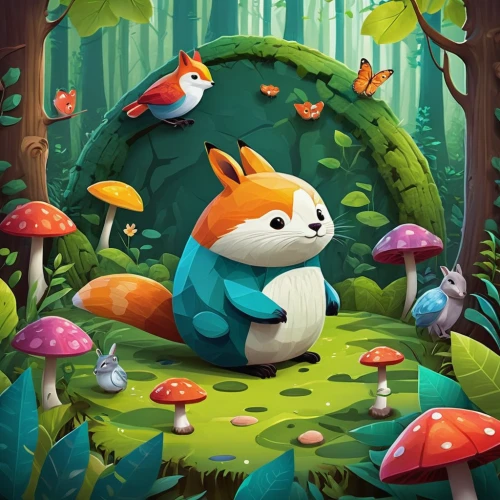 cartoon forest,forest mushroom,mushroom landscape,game illustration,forest background,forest animal,little fox,lingzhi mushroom,cute fox,fairy forest,adorable fox,forest floor,fox stacked animals,forest mushrooms,in the forest,frutti di bosco,a fox,forest animals,forest fish,woodland animals,Conceptual Art,Oil color,Oil Color 19