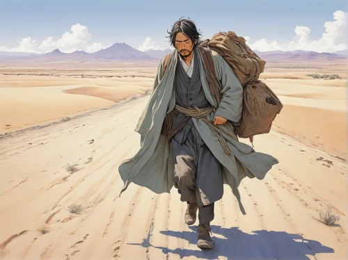 bedouin,biblical narrative characters,the wanderer,the gobi desert,gobi desert,gobi,yi sun sin,middle eastern monk,the good shepherd,nomadic people,libyan desert,turpan,samaritan,son of god,orientalism,way of the cross,cg artwork,afar tribe,xing yi quan,wanderer,Illustration,Japanese style,Japanese Style 12