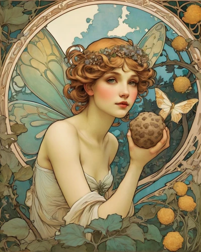 mucha,art nouveau,water nymph,golden apple,art nouveau design,venus,faery,secret garden of venus,cupido (butterfly),physalis,art nouveau frame,dryad,rusalka,siren,girl in a wreath,flora,the zodiac sign pisces,alfons mucha,faerie,medlar,Illustration,Retro,Retro 03