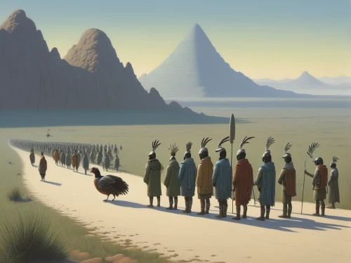 pilgrims,camel caravan,animal migration,nomadic people,basotho,guards of the canyon,ancient people,goatherd,migration,ancient parade,travelers,indigenous painting,nomads,villagers,penguin parade,the pied piper of hamelin,afar tribe,flock home,journey,primitive people,Art,Artistic Painting,Artistic Painting 48