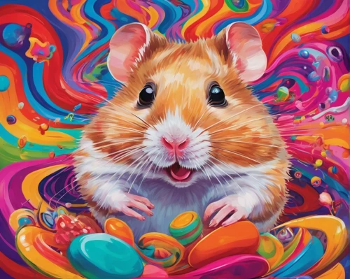 color rat,hamster,gerbil,musical rodent,hamster buying,guinea pig,hamster shopping,hamster wheel,guineapig,colorful background,i love my hamster,whimsical animals,ratatouille,colored pencil background,meadow jumping mouse,ecstatic,year of the rat,psychedelic art,portrait background,pet portrait,Conceptual Art,Oil color,Oil Color 23