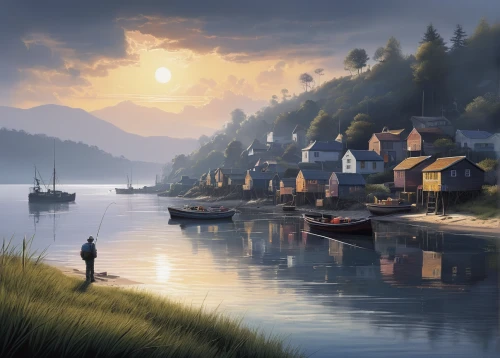 fishing village,floating huts,world digital painting,house by the water,harbor,boat landscape,idyllic,waterfront,fantasy landscape,fisherman,fisherman's house,coastal landscape,summer evening,idyll,fishermen,evening atmosphere,norway,fjords,landscape background,evening lake,Conceptual Art,Sci-Fi,Sci-Fi 25