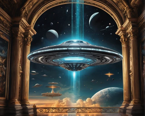 ufo,ufos,saucer,stargate,sci fiction illustration,extraterrestrial life,cg artwork,abduction,ufo intercept,ufo interior,firmament,flying saucer,space art,auqarium,wormhole,alien world,binary system,federation,colony,close encounters of the 3rd degree,Art,Classical Oil Painting,Classical Oil Painting 01