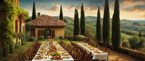 tuscany,tuscan,place setting,sicilian cuisine,tablescape,table setting,outdoor dining,vegetables landscape,fine dining restaurant,long table,italian food,a restaurant,food and wine,mediterranean cuisine,italian cuisine,dining table,dinner party,wine country,dining room,bistro,Illustration,Abstract Fantasy,Abstract Fantasy 01