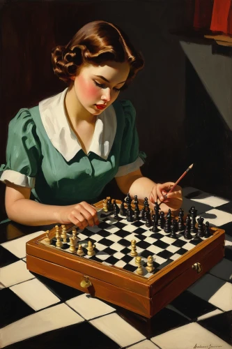 chess player,chess game,play chess,chess,chessboards,woman playing,chessboard,chess board,david bates,english draughts,game illustration,chess cube,1940 women,vertical chess,chess men,chess icons,oil painting on canvas,oil on canvas,oil painting,checker marathon,Illustration,Retro,Retro 09