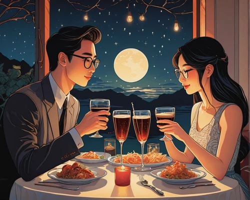 romantic dinner,romantic night,dinner for two,romantic scene,honeymoon,date night,glasses of beer,wedding glasses,romantic portrait,romantic meeting,date,two glasses,romantic,couple goal,as a couple,the moon and the stars,candle light dinner,online date,dating,young couple,Illustration,Japanese style,Japanese Style 15