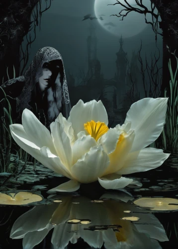 nuphar,narcissus,seerose,narcissus of the poets,sacred lotus,the night of kupala,water lotus,lotuses,mourning swan,lotus on pond,fantasy picture,lotus blossom,the sleeping rose,pond flower,lotus pond,waterlily,water lilly,janmastami,water lily,mirror of souls,Illustration,Realistic Fantasy,Realistic Fantasy 46