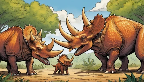 triceratops,stegosaurus,dinosaurs,gorgonops,prehistoric,size comparison,uintatherium,mammals,elephants and mammoths,rhinoceros,ankylosaurus,aurochs,aucasaurus,cartoon elephants,anthropomorphized animals,cynorhodon,southern square-lipped rhinoceros,prehistoric art,forest animals,dinosaur line,Illustration,American Style,American Style 13