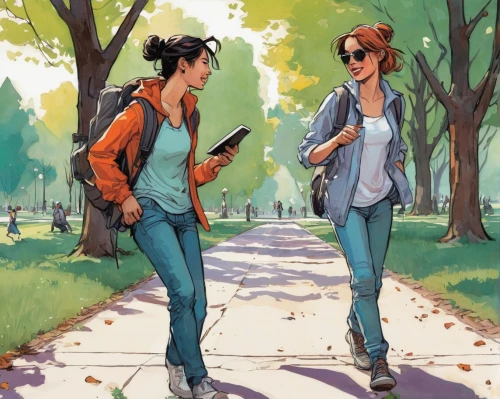 teens,young couple,walk in a park,walking,girl and boy outdoor,apple pair,strolling,youth book,two girls,online path travel,sidewalk,scooters,digital nomads,pedestrians,teenagers,pedestrian,autumn walk,walk,holding ipad,chatting,Conceptual Art,Fantasy,Fantasy 08