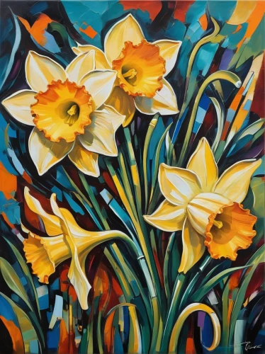 daffodils,easter lilies,lillies,lilies,daylilies,yellow daffodils,yellow daylilies,jonquils,flower painting,yellow tulips,wild tulips,day lily plants,torch lilies,lilies of the valley,day lily,cluster-lilies,oil painting on canvas,orange tulips,daffodil,yellow bells,Conceptual Art,Oil color,Oil Color 24