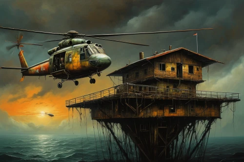 rescue helicopter,stilt house,floating huts,rescue helipad,trauma helicopter,fire-fighting helicopter,lifeguard tower,rescue workers,helicopter,diving bell,helicopters,helicopter pilot,rescue service,air rescue,sci fiction illustration,rescue and salvage ship,noah's ark,fire fighting helicopter,military helicopter,flying island,Illustration,Realistic Fantasy,Realistic Fantasy 34
