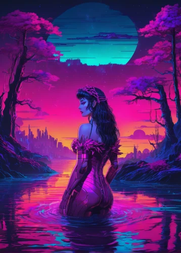 purple landscape,acid lake,lagoon,mermaid background,ipê-purple,dusk,dolphin-afalina,dusk background,fantasia,fantasy picture,ultraviolet,purple wallpaper,water creature,evening lake,siren,bayou,3d fantasy,kelpie,crocodile woman,rusalka,Conceptual Art,Sci-Fi,Sci-Fi 27