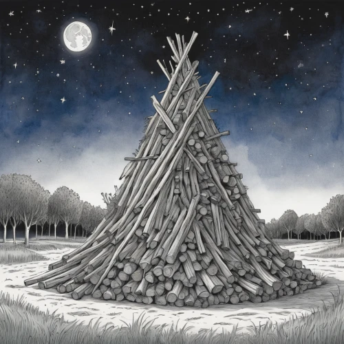 wood pile,the pile of wood,pile of wood,pile of firewood,star wood,ghost forest,firewood,teepee,tepee,tree stump,teepees,straw hut,mound-building termites,needle in a haystack,hay stack,of wood,wigwam,matchsticks,matchstick man,wood chopping,Illustration,Black and White,Black and White 13