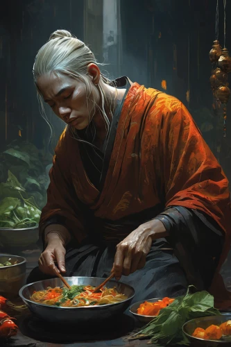 dwarf cookin,indian monk,monk,buddhist monk,kimchi,orange robes,merchant,offerings,xiaolongbao,monks,bibimbap,alibaba,vendor,nourishment,sacred lotus,fantasy portrait,old woman,offering,red cooking,cookery,Conceptual Art,Fantasy,Fantasy 12