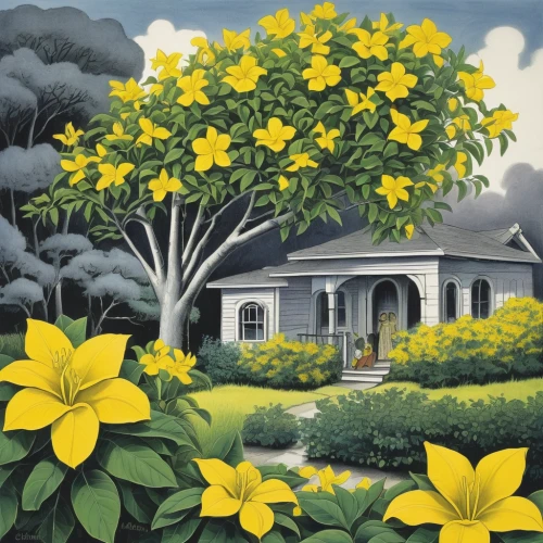 yellow tabebuia,yellow garden,yellow daylilies,yellow allamanda,lemon tree,tabebuia,yellow bells,home landscape,yellow daisies,sunflowers in vase,yellow daylily,yellow trumpet flower,tabebuia chrysantha,country cottage,summer cottage,light yellow daylily,yellow flowers,cottage,cottage garden,allamanda cathartica,Illustration,Black and White,Black and White 22