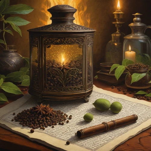allspice,herbal medicine,oil lamp,coffee tea illustration,coffee grinder,wood-burning stove,medicinal herbs,arabic background,ayurveda,candlemaker,apothecary,persian poet,aroma,medicinal plants,five-spice powder,arabic coffee,aromas,coffee background,christopher columbus's ashes,cardamom,Illustration,Realistic Fantasy,Realistic Fantasy 44