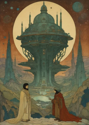 viewing dune,sci fiction illustration,orientalism,monks,wise men,copernican world system,science fiction,temples,dune,somtum,pilgrimage,archimandrite,the abbot of olib,sci fi,cosmos,observatory,sci - fi,sci-fi,science-fiction,emperor of space,Illustration,Retro,Retro 17