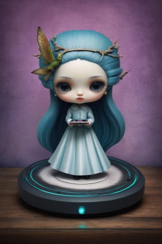 music box,cake stand,little girl fairy,tumbling doll,evil fairy,faerie,blue enchantress,child fairy,rosa 'the fairy,fairy queen,rosa ' the fairy,artist doll,painter doll,mazarine blue butterfly,doll figure,wooden doll,dollhouse accessory,miniature figure,3d figure,fairy peacock,Illustration,Abstract Fantasy,Abstract Fantasy 06