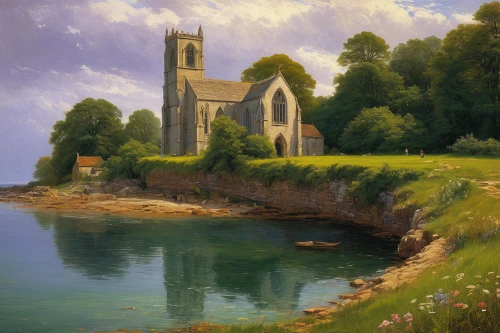 church painting,sunken church,coastal landscape,fredric church,frederic church,idyll,sea landscape,river landscape,idyllic,island church,landscape background,little church,church,landscape with sea,lev lagorio,rural landscape,church bells,church faith,boat landscape,the evening light,Art,Classical Oil Painting,Classical Oil Painting 13