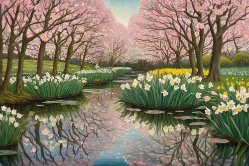 brook landscape,lilly pond,lily pond,narcissus,magnolia trees,tommie crocus,springtime background,daffodils,spring blossom,meadow in pastel,early spring,crocuses,still life of spring,carol colman,pond flower,jonquils,water lilies,garden pond,spring background,spring flowering,Illustration,Abstract Fantasy,Abstract Fantasy 03