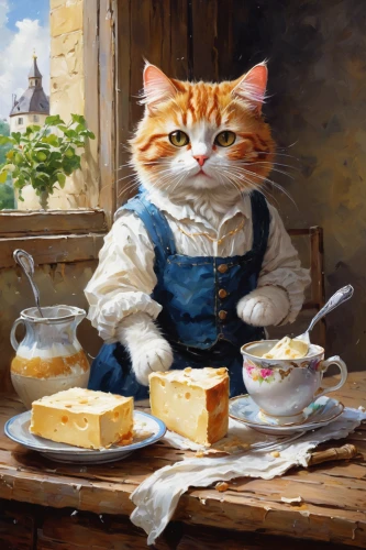 tea party cat,cat drinking tea,cat's cafe,red tabby,teatime,cat coffee,cat european,oktoberfest cats,domestic cat,crème anglaise,napoleon cat,afternoon tea,oil painting,calico cat,cat portrait,marmalade,ginger cat,tea time,vintage cat,café au lait,Conceptual Art,Oil color,Oil Color 06