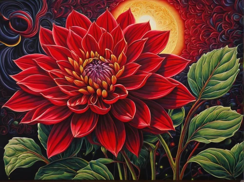 red dahlia,dahlia bloom,flower painting,dahlia,sacred lotus,lotus blossom,flame flower,mandala flower,oil painting on canvas,red flower,dahlias,dahlia dahlia,lotus flower,lotus,cosmic flower,floral rangoli,lotus flowers,fire flower,red water lily,passion bloom,Illustration,Abstract Fantasy,Abstract Fantasy 21