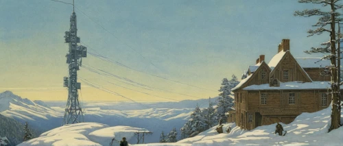 whistler,snow scene,winter landscape,ski resort,alpine hut,transmitter station,mountain station,snow landscape,cell tower,mountain hut,snowy landscape,antenna tower,winter house,ski station,snowshoe,snowhotel,russian winter,olympic mountain,telephone poles,fairbanks,Illustration,Retro,Retro 01