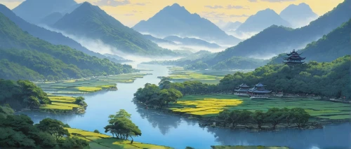 river landscape,japan landscape,mountainous landscape,mountain landscape,landscape background,mountain scene,japanese mountains,guilin,chinese art,fantasy landscape,beautiful landscape,yunnan,guizhou,high landscape,wuyi,nature landscape,rural landscape,japanese alps,south korea,china,Illustration,Japanese style,Japanese Style 10