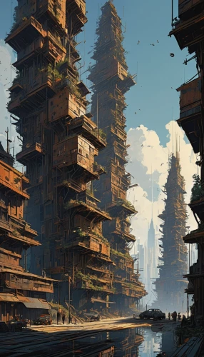 ancient city,docks,futuristic landscape,harbor,imperial shores,tigers nest,mountain settlement,artificial island,stilt houses,industrial landscape,towers,ancient buildings,pillars,urban towers,floating islands,ship yard,citadel,balconies,dock,barren,Conceptual Art,Sci-Fi,Sci-Fi 01