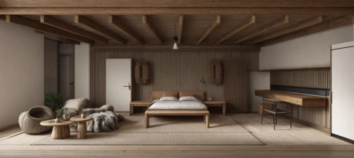 japanese-style room,bedroom,loft,modern room,scandinavian style,wooden sauna,an apartment,apartment,danish room,danish furniture,3d rendering,attic,ryokan,shared apartment,children's bedroom,sleeping room,wooden beams,guest room,render,inverted cottage,Interior Design,Bedroom,Japanese,Wabi-Sabi