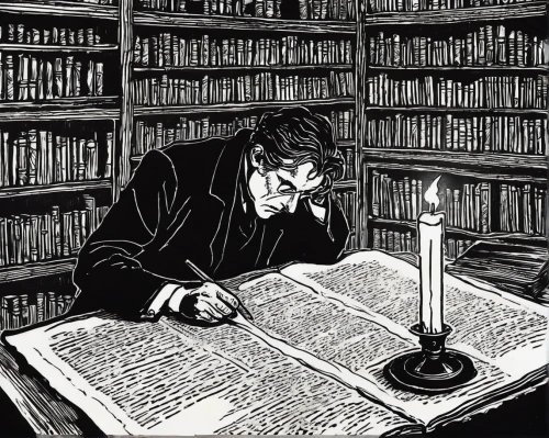 bibliology,martin luther,bram stoker,scholar,book illustration,reading magnifying glass,hand-drawn illustration,theoretician physician,researcher,librarian,manuscript,examination,authorship,examining,orlovsky,academic,anton chekhov,knowledgeable,old books,sci fiction illustration,Illustration,Retro,Retro 25