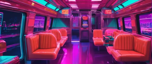 the bus space,ufo interior,retro diner,bus,city bus,neon lights,80's design,train car,80s,ghost train,street car,neon,neon arrows,stretch limousine,railway carriage,neon light,transit,streetcar,rail car,neon ghosts,Conceptual Art,Sci-Fi,Sci-Fi 28
