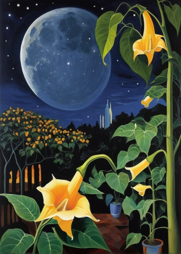 moonflower,beach moonflower,david bates,night scene,carol colman,moonlit night,brugmansia,angel's trumpet,moonlight cactus,carol m highsmith,calla lilies,jasmine-flowered nightshade,vegetables landscape,secret garden of venus,angels trumpet,starry night,angel's trumpets,yellow garden,moonlit,moon night,Art,Artistic Painting,Artistic Painting 05