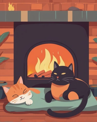 saganaki,warm and cozy,warmth,fireside,fireplace,hygge,fireplaces,log fire,warming,campfire,fire place,yule log,two cats,cat furniture,loaves,cat frame,campfires,vintage cats,cozy,hearth,Illustration,Japanese style,Japanese Style 06