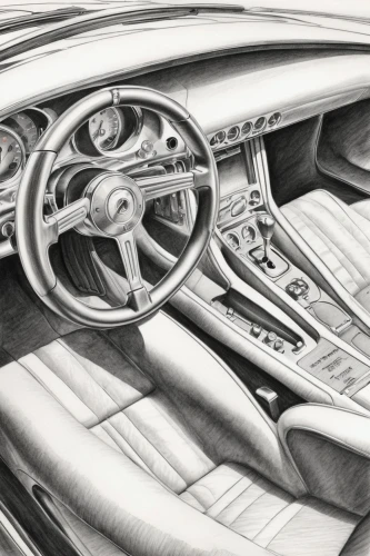 car drawing,illustration of a car,automotive design,graphite,detail shot,automotive decor,pencil drawings,pencil and paper,the vehicle interior,car interior,porsche 550,auto union,mercedes interior,pencil drawing,steering wheel,chrysler airflow,mechanical pencil,muscle car cartoon,automotive,mclaren automotive,Illustration,Black and White,Black and White 30