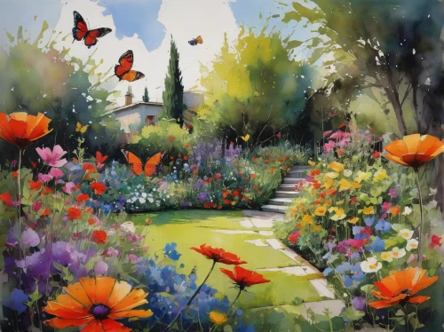 cottage garden,flower garden,flower painting,summer border,flower meadow,chasing butterflies,towards the garden,spring garden,giverny,carol colman,butterflies,moths and butterflies,splendor of flowers,springtime background,butterfly floral,meadow in pastel,to the garden,garden birds,summer meadow,clove garden,Illustration,Paper based,Paper Based 05