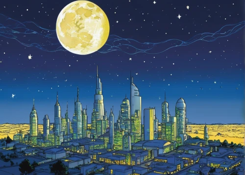 sky city,sci fiction illustration,fantasy city,city cities,moon valley,city skyline,skycraper,herfstanemoon,city at night,metropolis,moon phase,phase of the moon,lunar landscape,evening city,blue moon,valerian,terraforming,cities,cityscape,super moon,Illustration,Children,Children 05