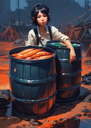 rust-orange,girl with a wheel,container drums,clementine,game illustration,girl with bread-and-butter,oil drum,game art,child labour,barrel,nomadic children,washing drum,world digital painting,children of war,merchant,red cooking,rosa ' amber cover,han thom,vietnam,cooking pot,Conceptual Art,Fantasy,Fantasy 19