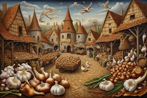 medieval market,cultivated garlic,chicken farm,vegetable market,harvest festival,the pied piper of hamelin,vegetables landscape,flock of chickens,mushroom landscape,garlic bulbs,farmyard,chicken yard,hamelin,onion bulbs,the market,still life with onions,marketplace,poultry,large market,cheese factory,Illustration,Realistic Fantasy,Realistic Fantasy 40