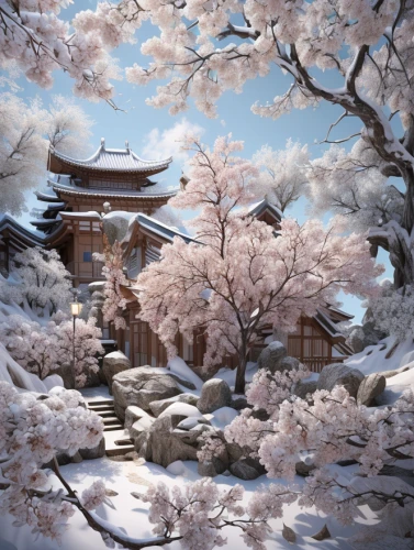 cold cherry blossoms,korean village snow,sakura tree,sakura trees,japanese cherry trees,cherry blossom tree,japanese sakura background,the cherry blossoms,sakura background,cherry blossom japanese,japanese cherry blossoms,sakura blossom,beautiful japan,cherry blossoms,blossom tree,cherry trees,japan landscape,asian architecture,japanese cherry blossom,snow landscape