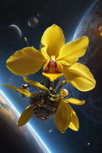 rocket flower,drone bee,rocket flowers,cosmic flower,yellow orchid,kryptarum-the bumble bee,sulfur cosmos,space glider,globe flower,kerbin planet,beekeeper plant,gold flower,dendrobium,flying seed,pollinate,deep-submergence rescue vehicle,yellow flower,plant protection drone,pioneer 10,yellow petals,Conceptual Art,Fantasy,Fantasy 16