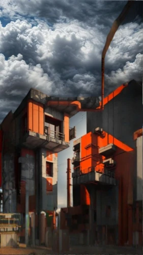 industrial landscape,pompeii,panoramical,meteora,chinese clouds,escher village,sky apartment,magma,industrial area,demolition,industrial ruin,factories,concrete plant,post-apocalyptic landscape,inferno,slum,skyscraper town,metropolis,sky,mining facility